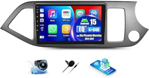 OiLiehu 4G+64G Android 15 Car Stereo for Kia Picanto Morning 2011-2017 with Wireless CarPlay Android Auto, 9" IPS Touchscreen Radio with WiFi Mirror Link Bluetooth FM RDS EQ SWC Backup Camera