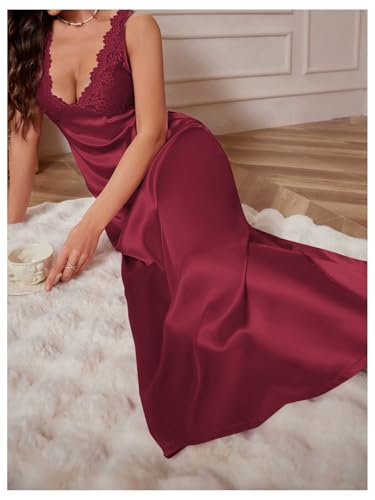 Image of WDIRARA Women's Satin Sleepwear Nightgown | Lace, Backless, Deep V Neck, Sleeveless, Long