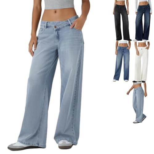 Asymmetric Low Rise Zipper Pockets Baggy Wide Leg Washed Casual Jeans Crossover Wide Straight Leg Denim Pants