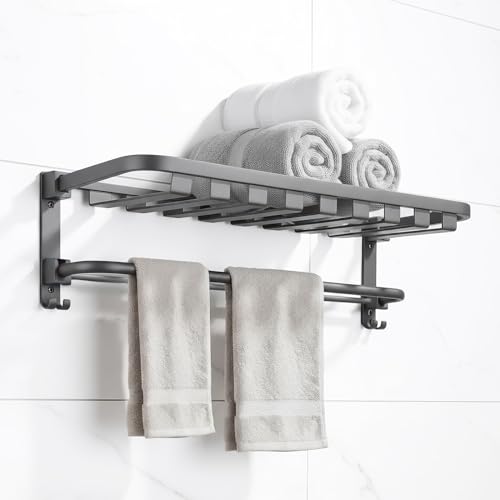 Image of Amazon Basics Foldable 24 Inch Towel Rack for Bathroom - Wall Mounted Space-Saving Aluminum Towel Holder with Double Tier Shelf, Rod & Hooks - Rustproof Bathroom Accessories