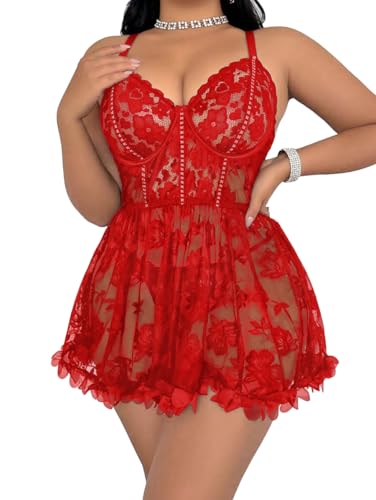 Mixxmix Red Lingerie for Women Plus Size Lace Chemise Mesh Sleepwear Strappy Sexy Nightgown Boudoir Outfit Red XL