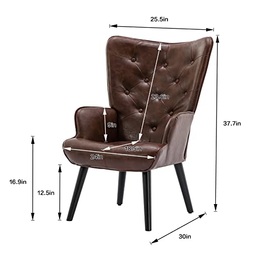 Dolonm Pu Leather Accent Chair Modern Tufted Button Wingback Reading Chair With Arms Upholstered Tall Back Side Chair With Solid Wood Legs For Living Room Bedroom Waiting Room (Brown) #TOP2