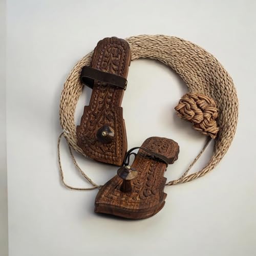 Image of Khadau Chappal for Men | Wooden Charan Paduka for Puja, Wearable Wooden Chappal Eco-Friendly (Rosewood) (8UK, Fish-Strap)