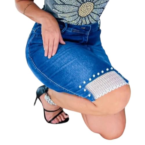 Saia Jeans moda evangélica secretária feminina c/Pérolas barra com renda luxo e Lycra cintura alta l