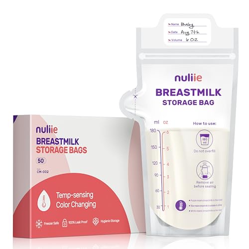 Nuliie 50 Pcs Temp-Sensing Breastmilk Storage Bags, No-Leak, BPA Free with Easy Pour Spout, 6 OZ Presterilized, Hygienically Self Standing Milk Storage Bags Freezer for Breastfeeding