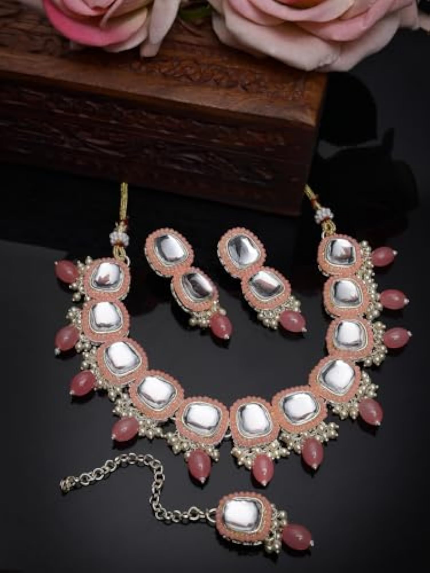 Kundan Studded Collar Bone Necklace Set With Earrings