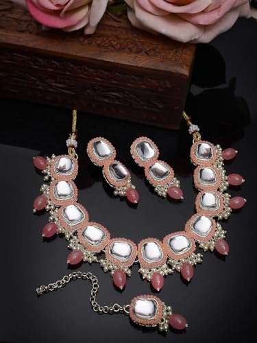 Kundan Studded Collar Bone Necklace Set With Earrings