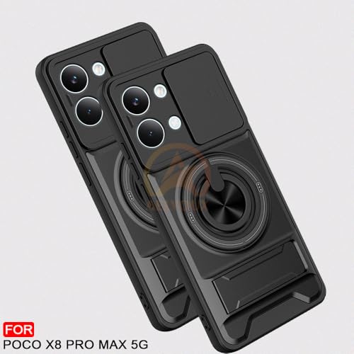 Image of Poco X8 Pro Max 5G Back Cover | Armor Camera Slider 360 Degree Rotating Finger Ring Holder Case with Bracket Stand Back Case Cover (Compatible with MagSafe Accessories) (Black)