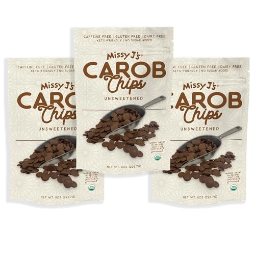Missy Js Organic Unsweetened Carob Chips 8 oz - Vegan and Gluten-Free - Healthy Caffeine Free Chocolate Substitute for Baking and Snacking (3 Pack)