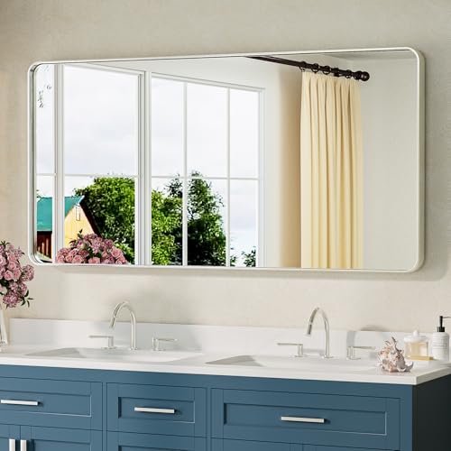 Image of TETOTE Brushed Nickel Bathroom Mirror 48 x 24 Inch Brushed Nickel Metal Framed Bathroom Mirror, Tempered Glass, Modern Farmhouse Wall Mounted Mirror for Decorative(Horizontal /Vertical)
