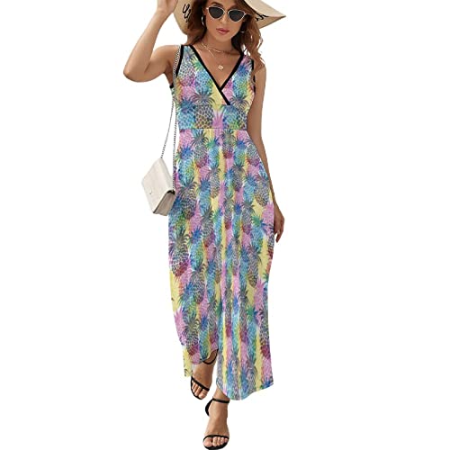 Vestido largo hawaiano con piña tropical para mujer, casual, sin mangas, cuello en V, holgado, vestido de playa, talla XL