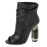 FSJ Women Stylish Peep Toe Slouch Ankle Boots Chunky Stacked Heels Party Prom Nightclub Evening Wedding Dress Shoes Size 7 Black Crystal Heel