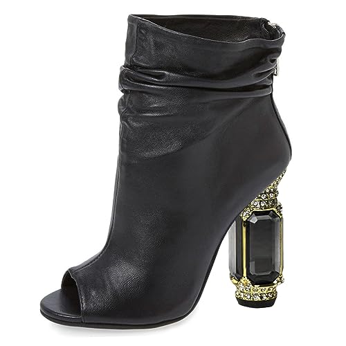 FSJ Women Stylish Peep Toe Slouch Ankle Boots Chunky Stacked Heels Party Prom Nightclub Evening Wedding Crystal Heel Dress Shoes Size 4-15 US