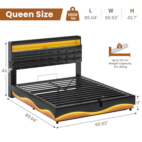 ADORNEVE Lift Up Storage Queen Bed Frame with Type-C Charging Station& Hidden Storage Headboard, LED Lights Upholstered Platform Bed,Queen Bed with Hydraulic, No Box Spring Needed,Black