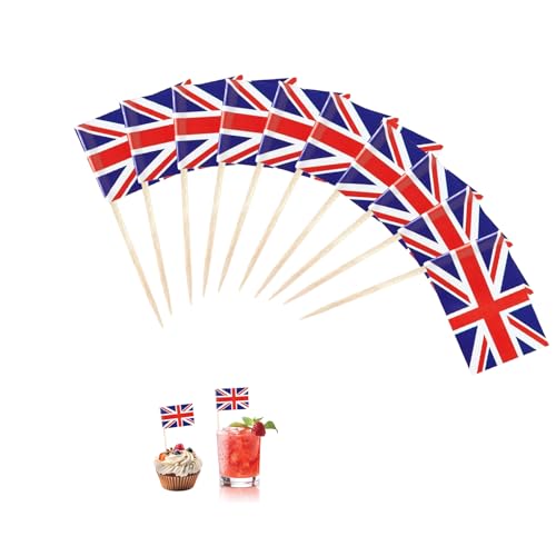 100 Stück Union Jack Flagge Zahnstocher,UK Deko,Britain Flaggen Spieße,Großbritannien Deko Fahne Mini Cupcake Topper,Zahnstocher mit Fähnchen,Cocktail Stick Flaggen für Party Pub,Fußball EM WM Dekor