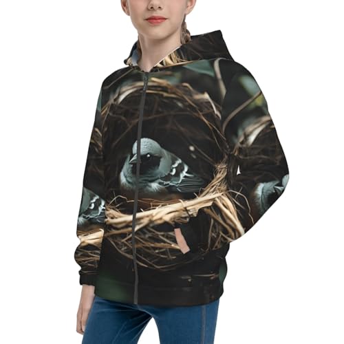 Little bird nest Print Girls Athletic Zip Up Hoodies,Sweatshirts with Pockets Long Sleeve Hooded Jackets, for 7-18 Y
