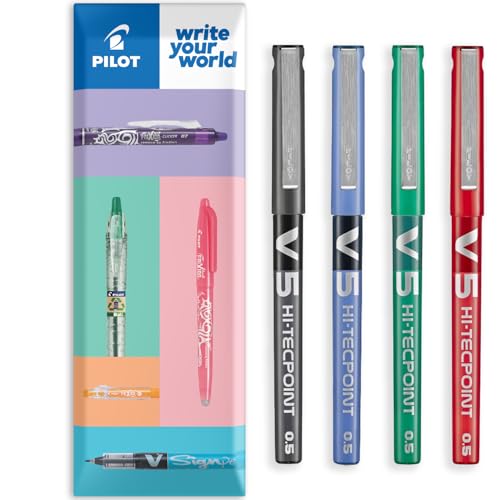 Image of PILOT V5 Hi-Tecpoint Rollerball Pen - Fine 0.5mm Nib - In Envelope Gift Packaging - Pack of 4 - Black, Blue, Green & Red Ink