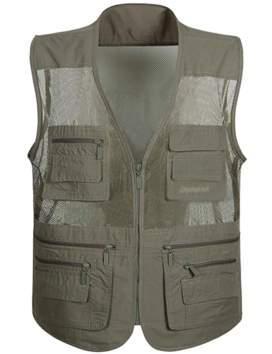 Flygo Men's Summer Mesh Fishing Vest Photography Work Multi-pockets Outdoors Journalist's Vest Sleeveless Jacket (Medium, Grey)