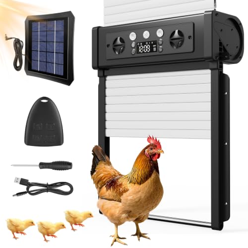 Al-Alloy Automatic Chicken Coop Door, Solar & Plug-in Dual Power Solar Chicken Coop Door with LED Display, Remote Control,Anti-Pinch Design - Auto Open/Close, Regulate Routine, Boost Egg Laying