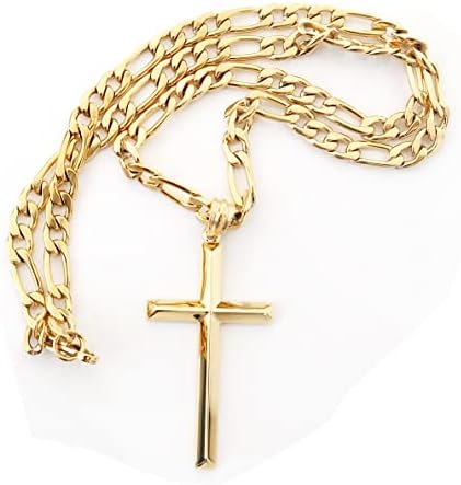 24K Gold Figaro Chain Style Cross Pendant Necklace 5MM Cross Necklace Clasp for MEN, HUSBAND Thin for Charms Miami Cuban Link Diamond Cut Religious Beveled Edge Traditional Cross Pendant 3mm Italian Cuban Chain Necklace for men women boys girls teens Fashion Jewelry,Wear Alone or with Pendant (24)