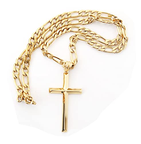 24K Gold Figaro Chain Style Cross Pendant Necklace 5MM Cross Necklace Clasp for MEN, HUSBAND Thin for Charms Miami Cuban Link Diamond Cut Religious Beveled Edge