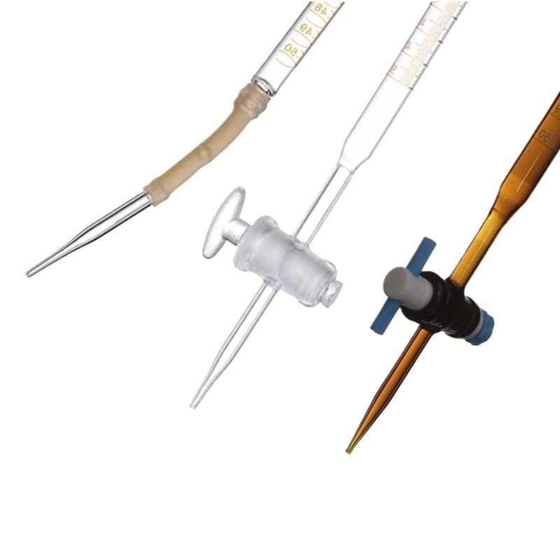 Burette en Verre Classe A avec Robinet PTFE - Tube de Titration Gradué 10ml, 25ml, 50ml pour Acide & Alcali, Ligne Bleue Schellbach(White PTFE alkaline/cidic 50ml)
