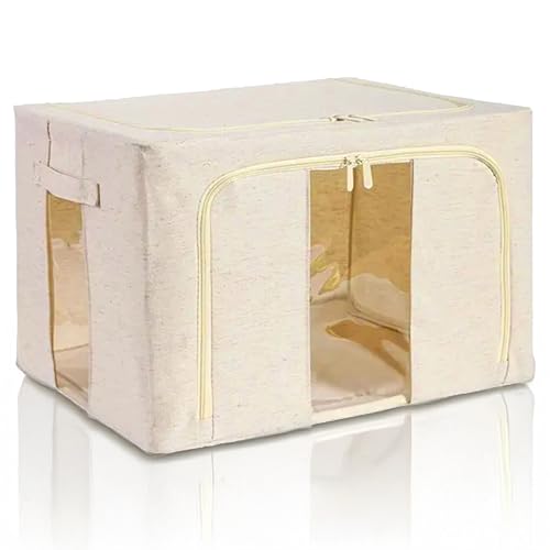 Image of PRIME PICK Storage Box Foldable Cotton Jute Cloth Organizer with Transparent window Reinforced Handles Washable Wardrobe Storage for Clothes Almirah Drawer Beige XXL Size Pack of 1