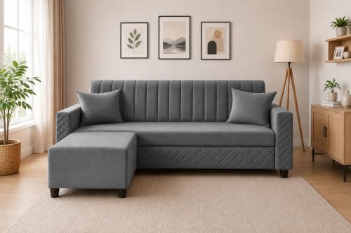 Image of 3 Seater Velvet Sofa with Ottoman | Modern Upholstered Couch | Quilted Design | Soft Comfortable Seating | Sturdy Wooden Frame | Living Room, Office - Grey