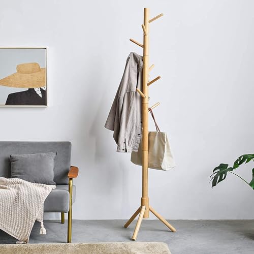 Image of Ash & Roh Natural Wooden Coat Rack Stand With Hooks Adjustable Height, Easy Assembly, Sturdy Solid Base for Coats, Hats, Handbags Entryway, Hallway, Bedroom, Office (Beige, 92-2)