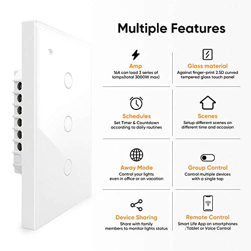 Gugar Smart Light Switch 1 Way 3 Gang Touch Panel, Neutral Wire Needed, 2.4Ghz Wi-Fi 16A Light Switch With Timer, Compatible With Alexa Google Home Smart Life App Control Smart Home, 100-240V, Fcc #TOP1
