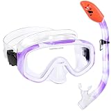 Kids Snorkel Set, Children Anti-Fog Diving Mask Swimming Goggles Dry Top Snorkel Equipment Snorkeling Packages Swimming Gear for Youth Boys Girls Age 5-10 (Purple White)