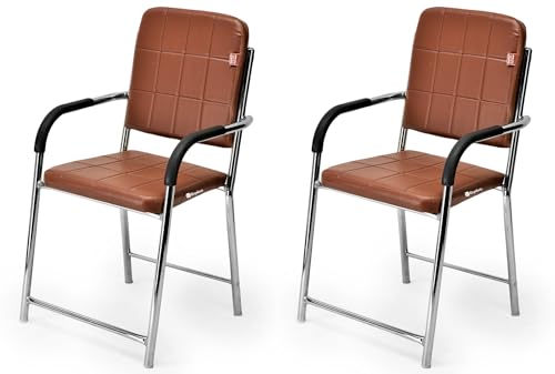 Image of Office Chair Visitor Chair with arm Rest with Steel Frame and Cushioned seat Back, Chair Without Wheels Holds up to 110 kg Heavy Design (2, Brown, Standard)