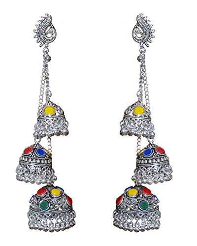 Long Antique Handcrafted Triple Jhumka Earrings with Peacock Studs for Girls/Women