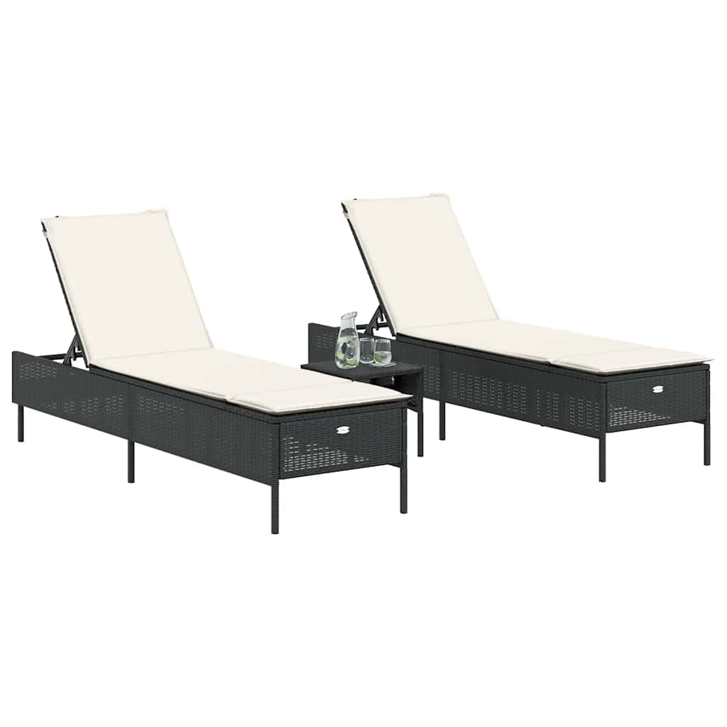 Tumbonas con cojines, 2 unidades, color negro, resina trenzada, chaise longue de jardín, respaldo ajustable en 5 posiciones, baño de sol, muebles para playa, terraza, balcón