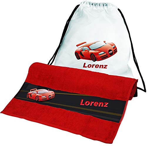 Handtuch + Turnbeutel Set mit Namen Lorenz und Auto-Motiv für Jungen | Handtuch und Turnbeutel Bedruckt Cover