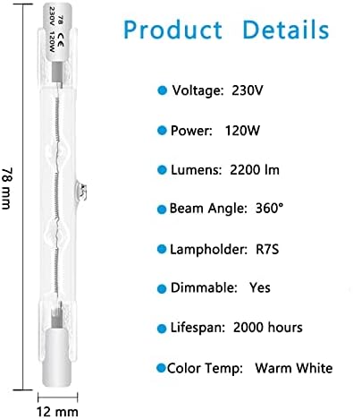 Queeplo 5 Pack R7s Bulb 78mm Dimmable 120W 230V 2800K Warm White Halogen Floodlight Bulb for Security Landscape Ceiling Lights Floor Lamps