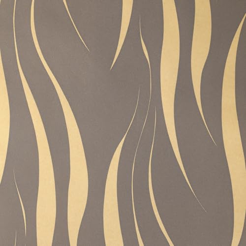 Baketron Brown Wallpaper Non-Woven 3D Embossed Wallpaper Gold Glitter Wave Stripes Wall Paper Roll Feature Wave Stripe Modern Geometric Patterned for Living Room Bedroom Kitchen Hallway