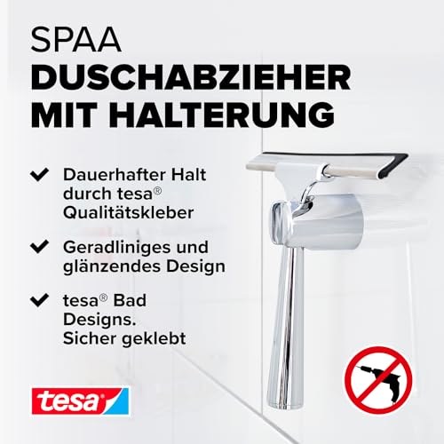 tesa SPAA Duschwischer, verchromt, rostfrei, inkl. Halterung und Klebelösung, weiche Gummilippe, 175mm x 239mm x 55mm