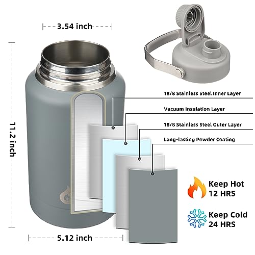 Image of BJPKPK 64oz Insulated Water Bottles, Dishwasher Safe Half gallon Water Bottle with Metal Handle, BPA Free Spout Lid & Detachable Bowl, Large Stainless Steel Jugs, Grey