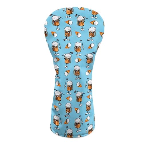 ELEQIN Hybrid Fairway 3/5 Woods Driver Golf Club Head Covers Funny Beer Pattern Leather Headcovers Outdoors Sports Golf Accessories Gift for Men Golfers Waterproof Surface Soft Lining