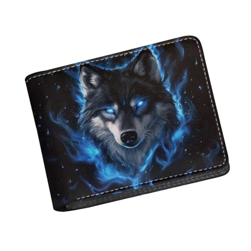 Image of Coldinair Wolf Blue Fire Flame Wallet for Teen Boys Kids Bifold Wallet Purse Leather Credit Card Cash Id Holder Cool Slim Bifold Small Coin Purses
