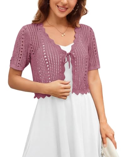 Image of Kate Kasin Women Crochet Shrug Knit Sweater, Short Sleeve Cropped Cardigan | Tie Front Tops Light Weight, Knit Cover Up Arm Bolero For Evening Dresses Dressy Casual, Ladies Eyelet Shawl Thin Formal