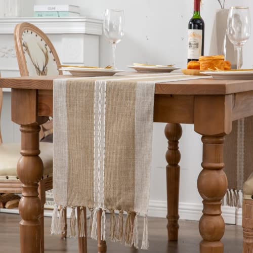 Vgunama Boho Table Runner, Rustic Farmhouse Style Linen Table Runners for Wedding and Dining Decorations, Handmade Tassel Woven Table Runners 72 inches Long - Coffee