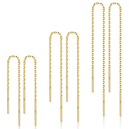 LINGBG JEWELRY 3 Pairs Threader Earrings 925 Sterling Silver Long Chain Earrings (2.4in/3.5in/4.7in) Bar Wrap Threader Drop Earrings for Women Minimalist Jewelry Set