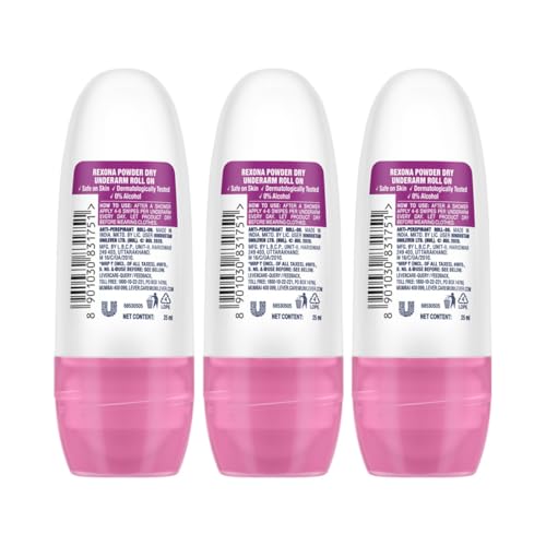 Image of Rexona Powder Dry Underarm Roll-On Deodorant for Women | 72 Hours Long-Lasting Odour Protection | 0% Alcohol, Safe on Skin | 25ML (Pack of 3)
