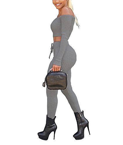 Women's Sexy 2 Pieces Off Shoulder Long Sleeve Crop Top+Long Pant Bodycon Jumpsuit Skinny Romper Grey