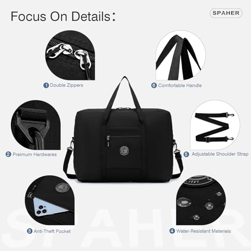 SPAHER Reisetasche 55x40x20 Handgepäck Tasche Ryanair Handgepäck 55x40x20 Tasche Flugzeug Groß Leichter Flugzeug Organizer Duffle Bag 45L Packbare Holdall Handtasche für Herren und Damen Schwarz