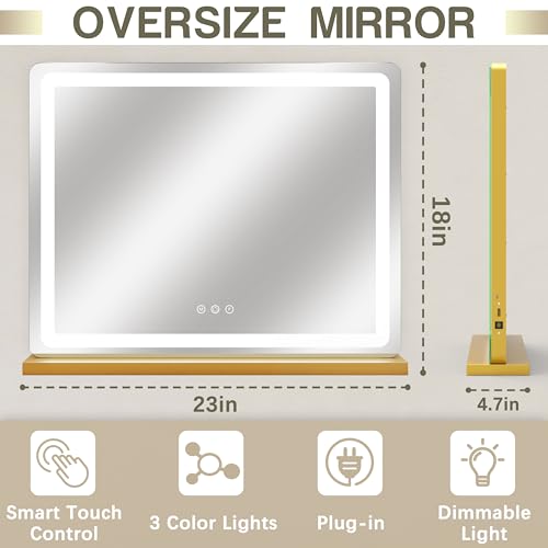 Image of ROLOVE 23 inchx18 inch Gold Vanity Mirror with Lights, Large Lighted Makeup Mirror with 10X Magnifier, 3 Color Lighting & Stepless Dimming, Wall Mounted or Tabletop Desk Mirror for Bedroom