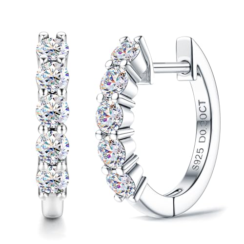 Moissanite Earrings 18K White Gold Plated S925 Sterling Silver Huggie Hoop Earrings for Women - Hypoallergenic Brilliant Round Cut Earring Moissanite Jewelry D Color 18KWG 0.6ct by Besteel - Used condition - US$41.56