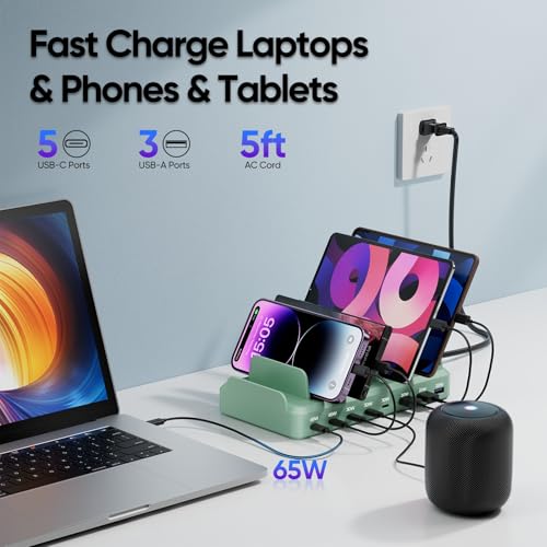 Image of 300W Charging Station for Multiple Devices, 8 Port Multi USB C Fast Charger Station Dock for MacBook iPhone 16 /15 /14 /13 /12 Samsung Pixel Series iPad, Green (6 Mixed Short Cables Included)